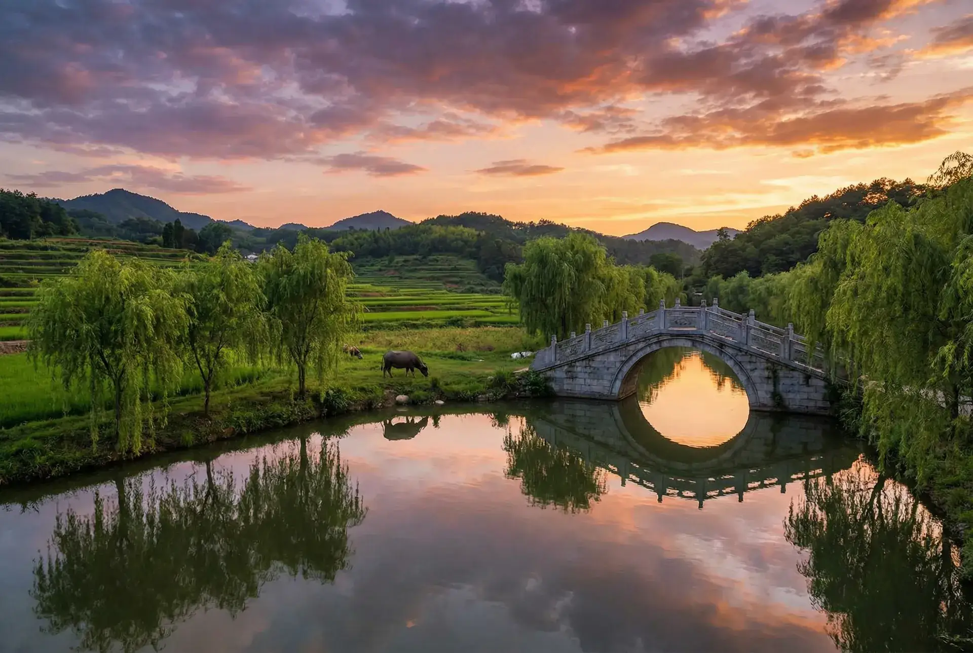 夕阳下的石拱桥与垂柳，水牛在河边吃草 - 杨怡演过的电视剧 乡村美景